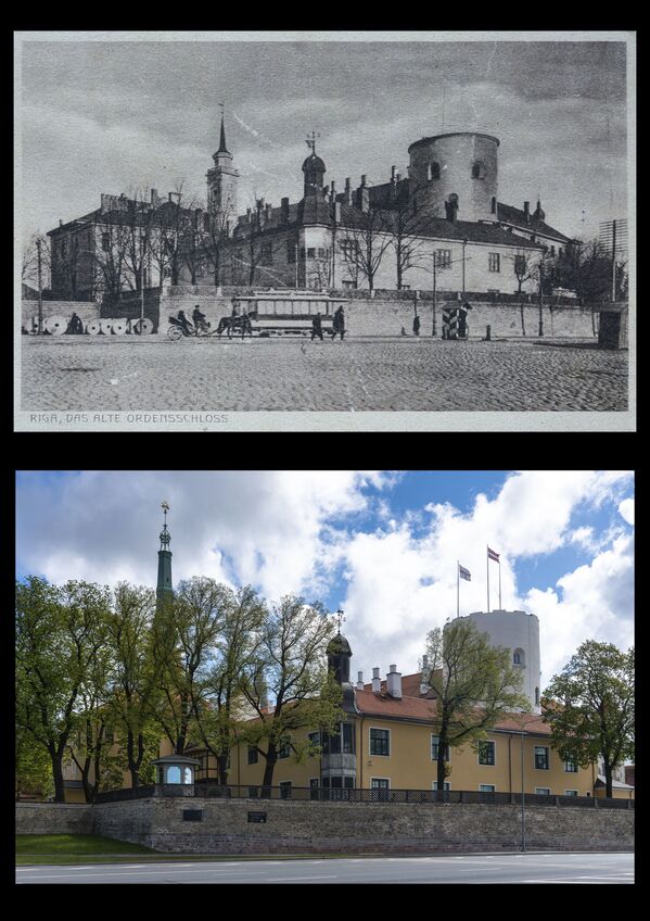 Рижский замок. Открытка (сверху) и современная фотография - Sputnik Латвия