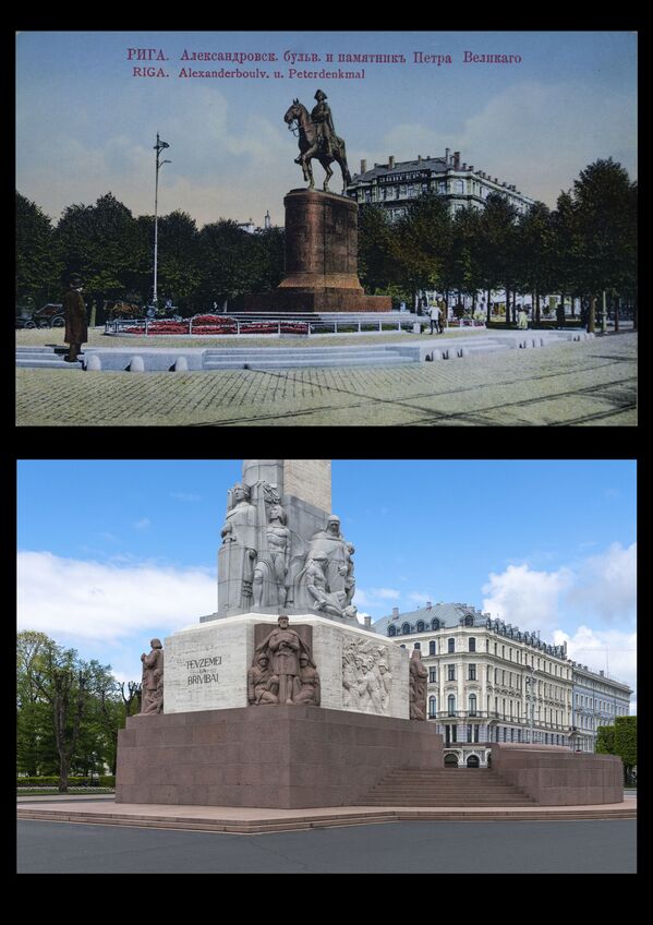 Памятник Петру Первому в Риге. Открытка (сверху). В настоящее время: памятник Свободы - Sputnik Латвия