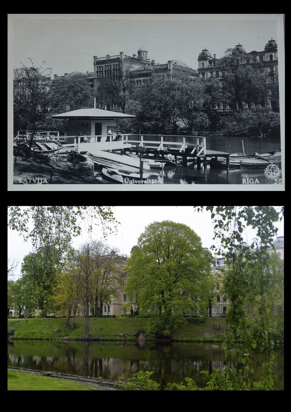 Рижский канал и здание Латвийского университета. Открытка (сверху) и современная фотография - Sputnik Латвия