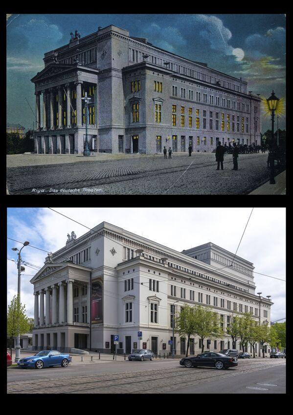 Здание Немецкого театра (сейчас - Национальная опера). Открытка (сверху) и современная фотография - Sputnik Латвия