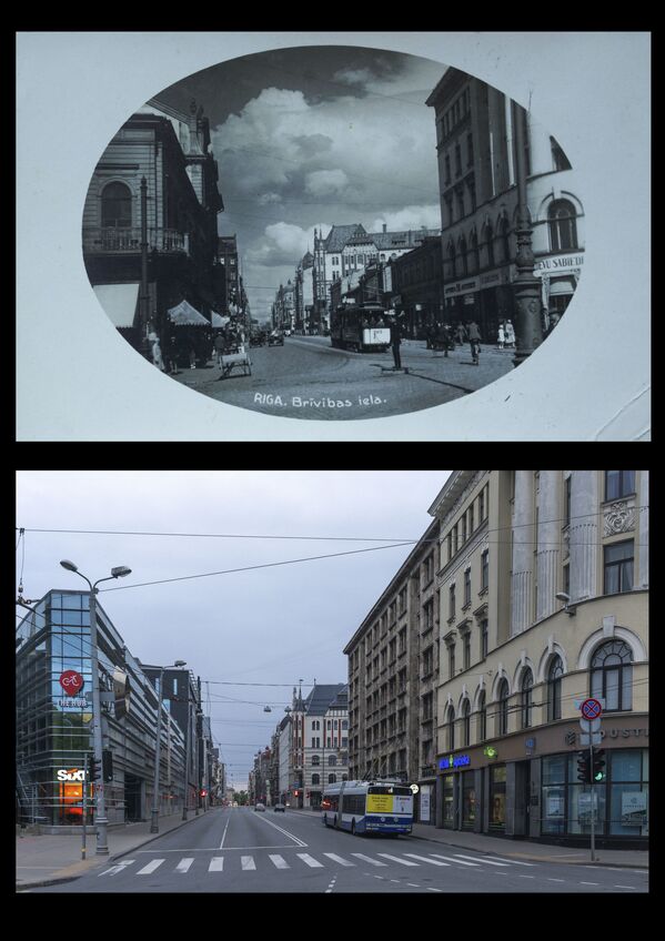 Улица Александровская (сейчас - Бривибас). Открытка (сверху) и современная фотография - Sputnik Латвия