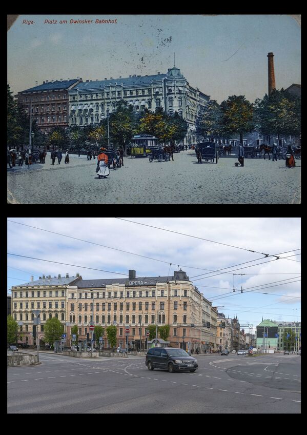 Площадь у Двинского вокзала (сейчас это площадь у Центрального вокзала). Открытка (сверху) и современная фотография - Sputnik Латвия