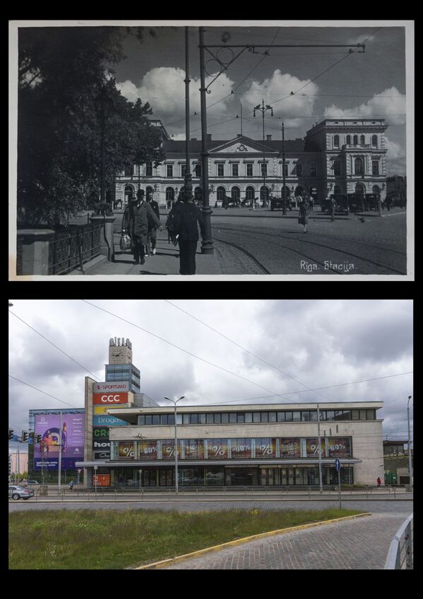 Двинский вокзал в Риге. Открытка (сверху) и современная фотография Центрального железнодорожного вокзала и ТЦ Origo - Sputnik Латвия