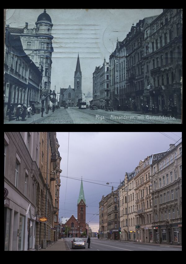Александровская улица (теперь это Бривибас) и Новая церковь Святой Гертруды. Открытка (сверху) и современная фотография - Sputnik Латвия