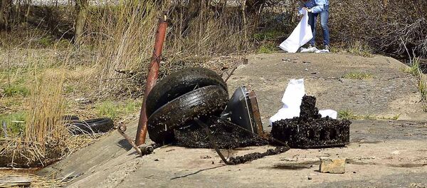Пока подводные охотники очищают речное дно, их прекрасные половины чистят берег и пляжики. Чтоб в воду можно было зайти не опасаясь поранить ноги - Sputnik Латвия