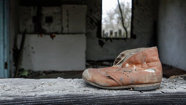 Детский ботинок на подоконнике дома деревни Ломачи, отселенной в 1990-1991 годах - Sputnik Латвия