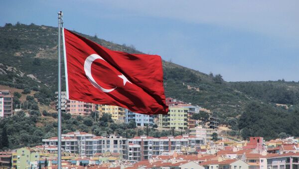 Турецкий флаг на фоне города и гор. - Sputnik Latvija