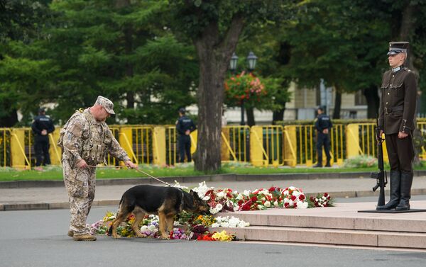 Кинолог с собакой проверяет цветы на наличие взрывчатых веществ - Sputnik Латвия