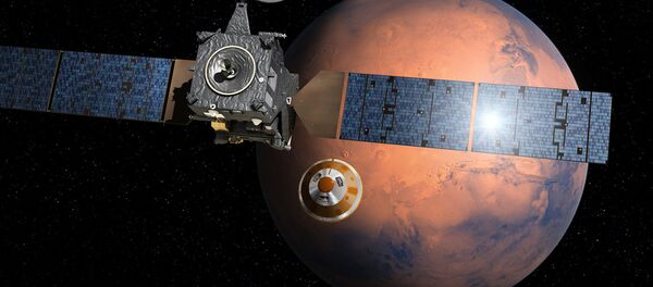 Компьютерное изображение демонстрирующее момент отделения модуля Скиапарелли Компьютерное изображение демонстрирующее момент отделения модуля Скиапарелли - Sputnik Латвия