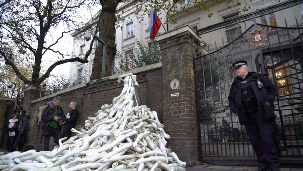 Протестующие у посольства РФ в Лондоне соорудили пирамиду из пластиковых рук - Sputnik Латвия