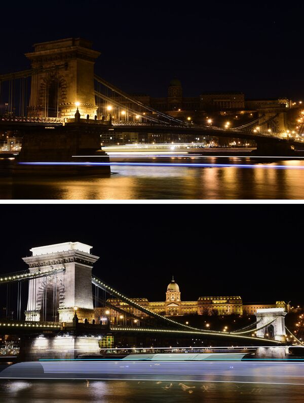 Вид на Цепной мост в Будапеште во время акции Час Земли - Sputnik Латвия