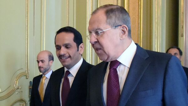 Министр иностранных дел РФ Сергей Лавров и министр иностранных дел Катара Мухаммед Аль Тани - Sputnik Латвия