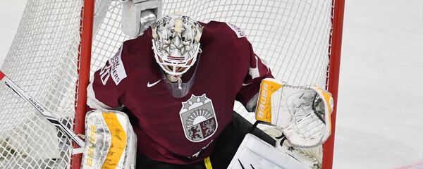 Вратарь сборной Латвии Элвис Мерзликин в матче группового этапа чемпионата мира по хоккею 2017 - Sputnik Латвия