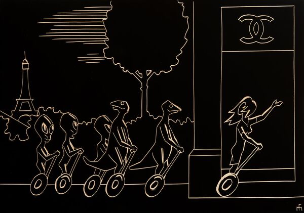 Микелис Фишерс. Рептилоиды на организованном шопинг-туре на Елисейских полях. Резьба по дереву Микелис Фишерс. Рептилоиды на организованном шопинг-туре на Елисейских полях. Резьба по дереву - Sputnik Латвия