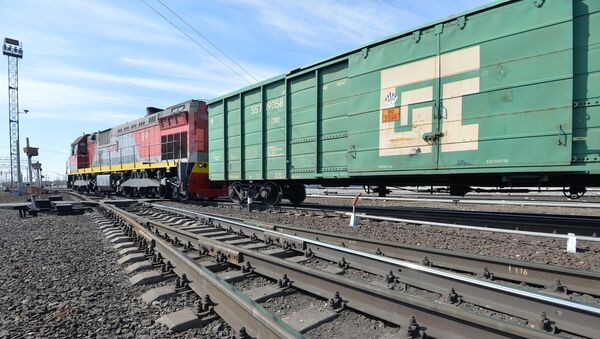 Lokomotīve ar kravas vagoniem uz dzelzceļa sliedēm - Sputnik Latvija