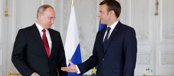 Президент РФ Владимир Путин с президентом Франции Эммануэлем Макроном Президент РФ Владимир Путин с президентом Франции Эммануэлем Макроном - Sputnik Latvija