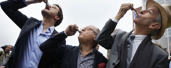 Голландский политик Народная партия за свободу и демократию Марк Рютте (слева), знаменитый повар Брахекке (C) и голландский министр образования, культуры и науки Рональд Пластерк наслаждаются маринованной сельдью - Sputnik Латвия