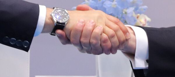 Krievijas prezidenta Vladimira Putina un ASV vadītāja Donalda Trampa rokasspiediens - Sputnik Latvija