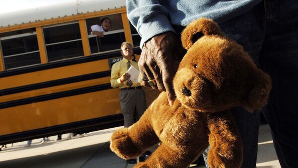 Детская игрушка на фоне школьного автобуса в США - Sputnik Latvija