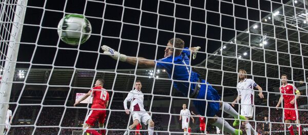 Латвийский вратарь Андрис Ванинс пропускает гол - Sputnik Латвия