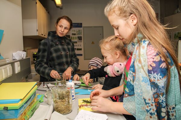 Дети делают аппликации из сухих цветов, трав и ягод Дети делают аппликации из сухих цветов, трав и ягод - Sputnik Латвия