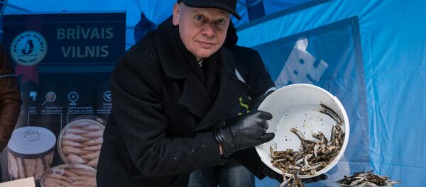 Руководитель рыбоперерабатывающего завода Brīvais vilnis Арнольд Бабрис демонстрирует новый продукт - сушеные шпроты  - Sputnik Латвия