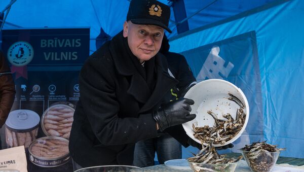 Руководитель рыбоперерабатывающего завода Brīvais vilnis Арнольд Бабрис демонстрирует новый продукт - сушеные шпроты  - Sputnik Latvija