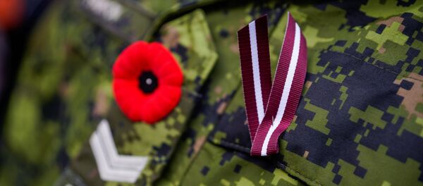 Красный мак - символ жертв всех военных и гражданских вооруженных конфликтов и латвийская ленточка на форме канадского военнослужащего - Sputnik Латвия