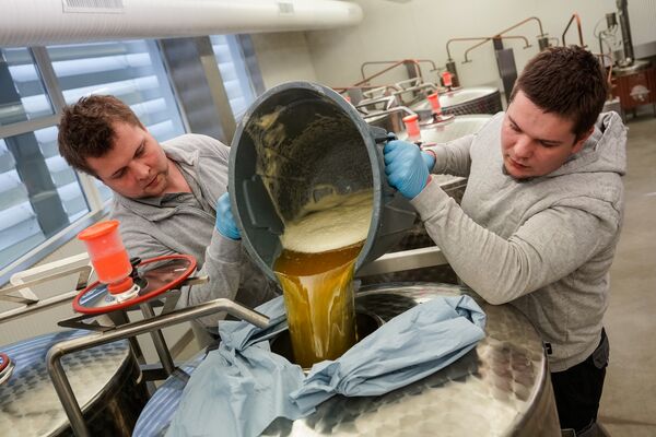 Работники на производстве переливают сваренный с водой мед в емкость для брожения - Sputnik Латвия