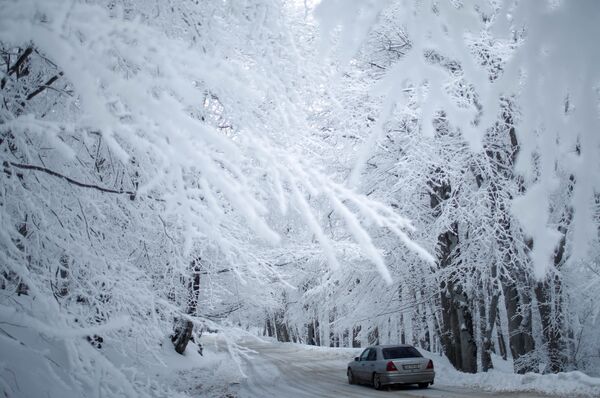 Automašīna brauc pa sniega klātu ceļu netālu no Tbilisi, Gruzija - Sputnik Latvija
