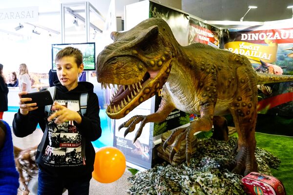 Стенд парка динозавров в Радайляй пользовался бешеной популярностью у детей. Другие культовые объекты для семейного досуга в этом году - открывшиеся после реновации Дельфинарий и Морской музей в Клайпеде. - Sputnik Латвия
