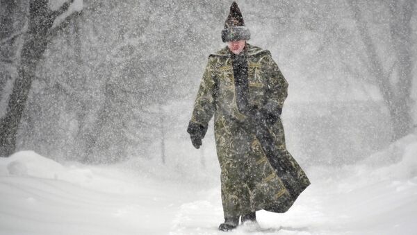 Молодой человек в историческом костюме во время снегопада на территории музея-заповедника Коломенское - Sputnik Латвия