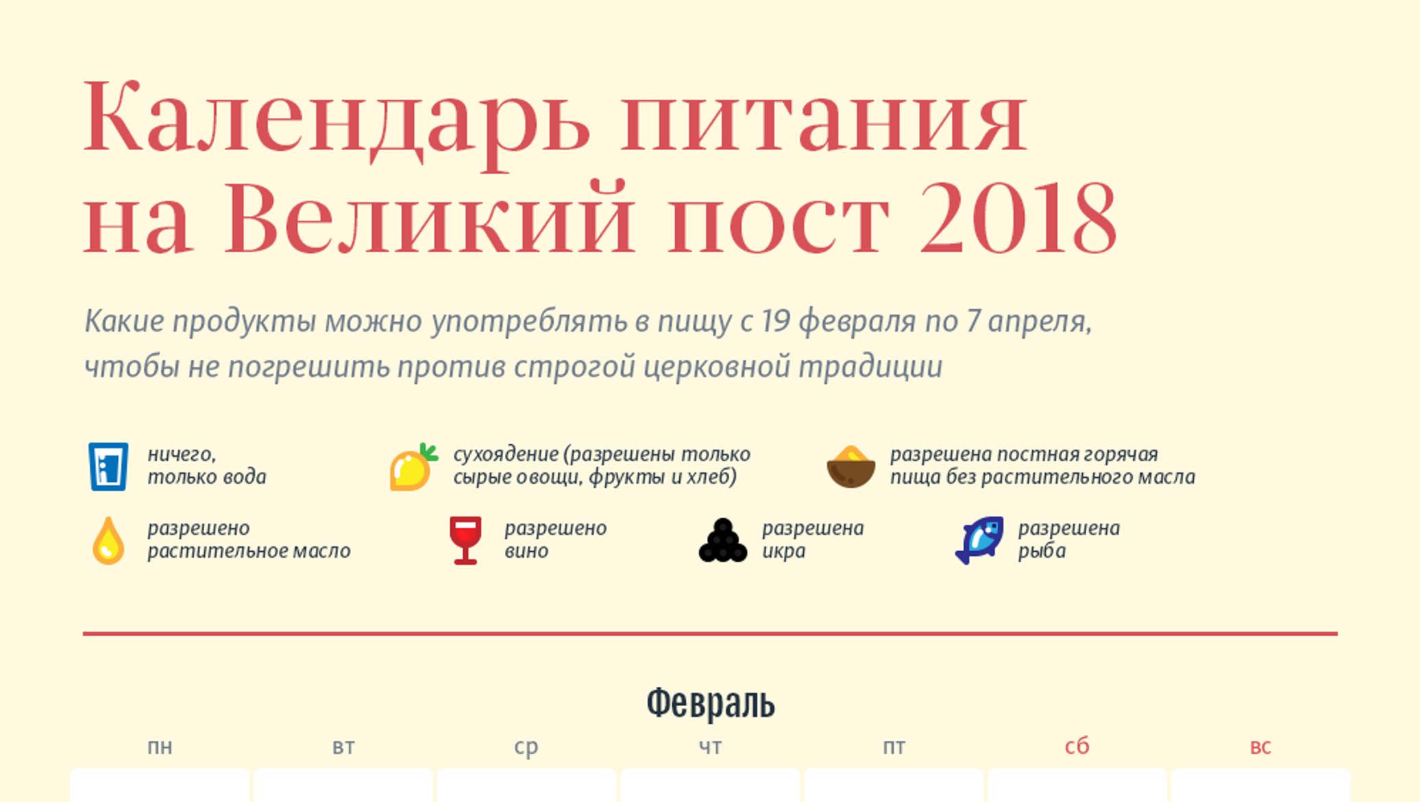 Великий пост 2018: правила, календарь питания, что можно и что нельзя есть