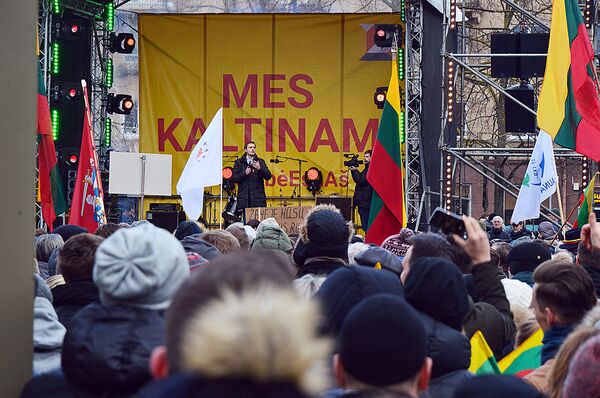 В Вильнюсе у здания литовского парламента прошел митинг из-за решения Сейма не лишать мандата депутата Миндаугаса Бастиса - Sputnik Латвия