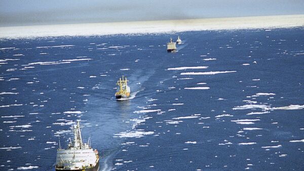 Караван транспортных судов в сопровождении ледоколов проходит по Северному морскому пути.  - Sputnik Latvija