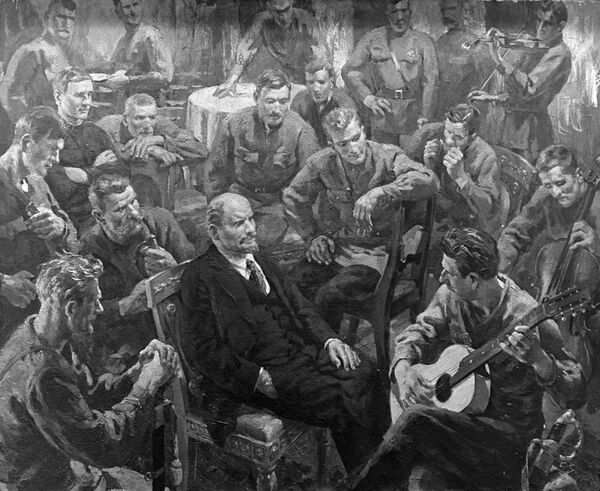 Репродукция картины Отто Скулме В.И.Ленин с латышскими стрелками в Кремле 1 мая 1918 года. Холст, масло. 1957 год. - Sputnik Латвия