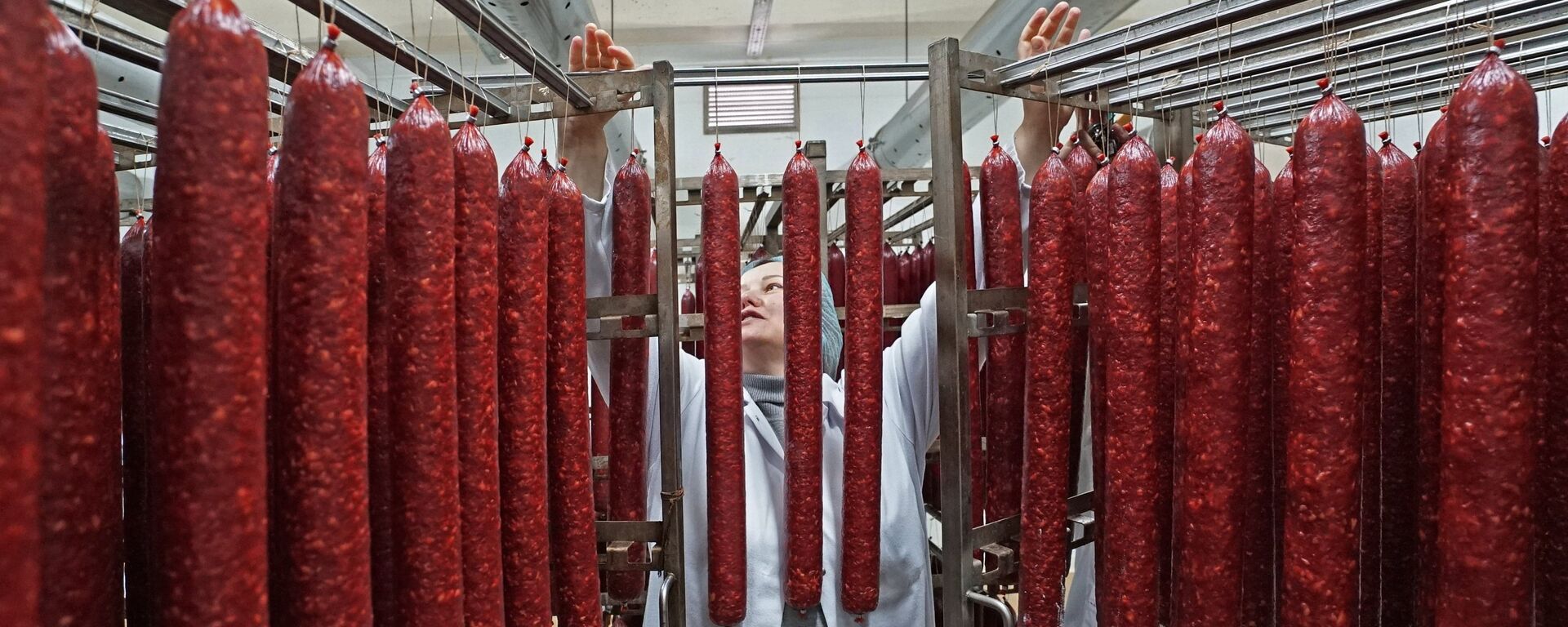 Сотрудник во время производства мясных деликатесов - Sputnik Латвия, 1920, 17.11.2022