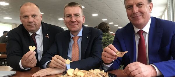 Раймондс Бергманис, Эдгарс Ринкевичс и Марис Кучинскис на торжественном обеде в честь годовщины создания латвийской армии - Sputnik Латвия
