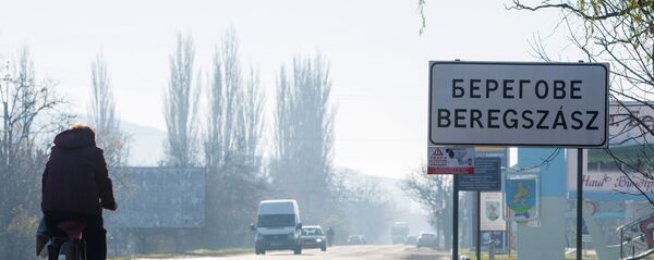 Надписи на украинском и венгерском языках на указателе в городе Берегово в Закарпатской области Украины Надписи на украинском и венгерском языках на указателе в городе Берегово в Закарпатской области Украины - Sputnik Latvija